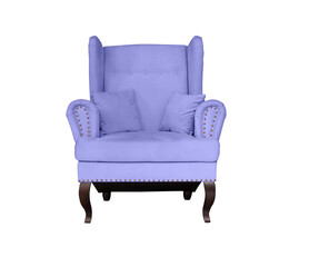 Very peri soft chair on wooden legs. Upholstered furniture for the living room. Purple armchair with pillows isolated