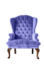 Isolated classic very peri velvet armchair. Vintage armchair. Insulated furniture. Purple soft chair