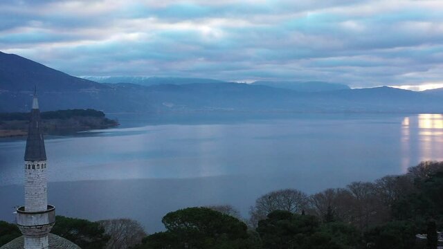 Aerial view of Ioannina city in Greece, Aslan Pasha Tzami, the lake with the island of Kyra Frosini or nissaki.