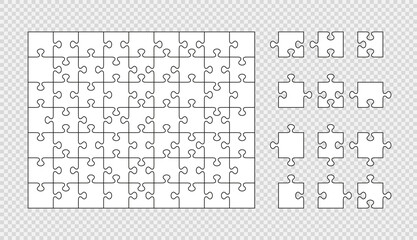 Puzzle pieces. Jigsaw outline grid. Simple mosaic layout with separate shapes. Thinking game on transparent background. Laser cut frame. Vector illustration.