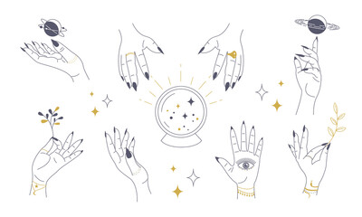 Mystical linear set of magical female hands isolated on white background. Vector stock illustration.