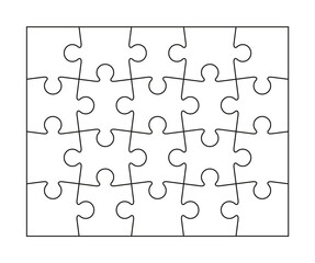 Fototapeta premium Puzzle pieces. Jigsaw outline grid. Thinking mosaic game. Simple background with separate shapes. Laser cut template with 4x5 details. Vector illustration.