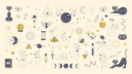 Linear collection of mystical magical elements for design. Stock vector illustration.