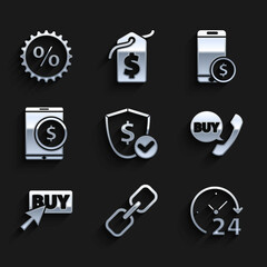Set Shield with dollar, Chain link, Clock 24 hours, Phone and speech bubble Buy, button, Tablet, Smartphone and Discount percent tag icon. Vector