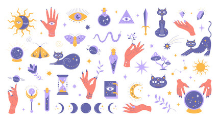 Witchcraft set, collection of magical mystical elements isolated on white background. Space elements, female hands. Vector stock illustration. 