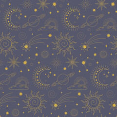 Outer space mystical seamless pattern in a linear style. Sun and moon, stars and planets in the blue sky. Vector stock illustration. 