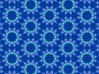Exquisite winter pattern with neon-blue ribbon lace on dark blue background. Concept of northern lights hypnotic beauty. Repeating aurora borealis pattern. Abstract lacy flowers and snowflakes.