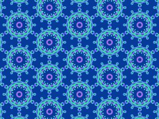 Exquisite winter pattern with neon-blue ribbon lace on dark blue background. Concept of northern lights hypnotic beauty. Repeating aurora borealis pattern. Abstract lacy flowers and snowflakes.