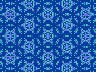 Exquisite winter pattern with neon-blue ribbon lace on dark blue background. Concept of northern lights hypnotic beauty. Repeating aurora borealis pattern. Abstract lacy flowers and snowflakes.