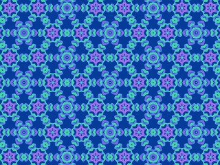 Exquisite winter pattern with neon-blue ribbon lace on dark blue background. Concept of northern lights hypnotic beauty. Repeating aurora borealis pattern. Abstract lacy flowers and snowflakes.