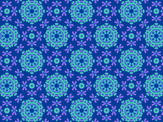 Exquisite winter pattern with neon-blue ribbon lace on dark blue background. Concept of northern lights hypnotic beauty. Repeating aurora borealis pattern. Abstract lacy flowers and snowflakes.