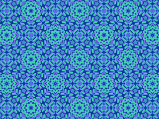 Exquisite winter pattern with neon-blue ribbon lace on dark blue background. Concept of northern lights hypnotic beauty. Repeating aurora borealis pattern. Abstract lacy flowers and snowflakes.