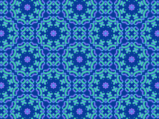Exquisite winter pattern with neon-blue ribbon lace on dark blue background. Concept of northern lights hypnotic beauty. Repeating aurora borealis pattern. Abstract lacy flowers and snowflakes.