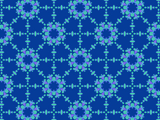 Naklejka na ściany i meble Exquisite winter pattern with neon-blue ribbon lace on dark blue background. Concept of northern lights hypnotic beauty. Repeating aurora borealis pattern. Abstract lacy flowers and snowflakes.