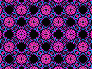 Exquisite, vibrant and energetic purple/black pattern with multicolor ribbon lace. Concept of night flowers beauty. 