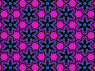 Exquisite, vibrant and energetic purple/black pattern with multicolor ribbon lace. Concept of night flowers beauty. 