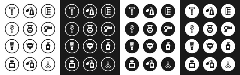 Set Hairbrush, Barbershop, Hand mirror, Shaving razor, dryer, Aftershave bottle with atomizer, Bottle of shampoo and Cream lotion cosmetic tube icon. Vector