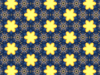 Repeating kaleidoscopic pattern with abstract flowers and light effects. A yellow/navy pattern for surface design. Concept of night and lighting. Concept of the dark and the light.