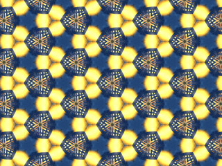 Repeating kaleidoscopic pattern with abstract flowers and light effects. A yellow/navy pattern for surface design. Concept of night and lighting. Concept of the dark and the light.