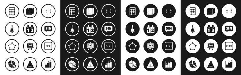 Set Graph, schedule, chart, diagram, Calendar, Ringing bell, Calculator, Mathematics function sine, Geometric figure Cube, Function mathematical symbol and Pentagonal prism icon. Vector