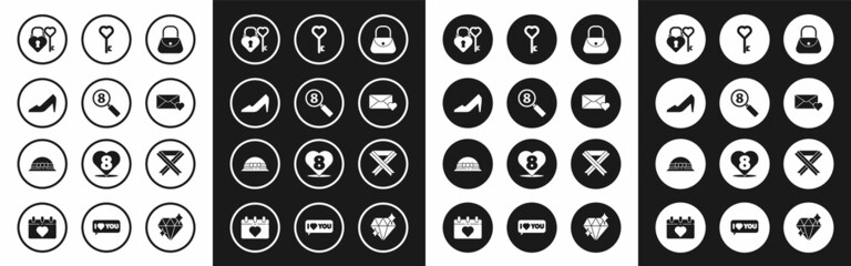 Set Handbag, Search 8 March, Woman shoe, Castle key in heart shape, Envelope with, Key, Breast cancer awareness ribbon and Elegant women hat icon. Vector