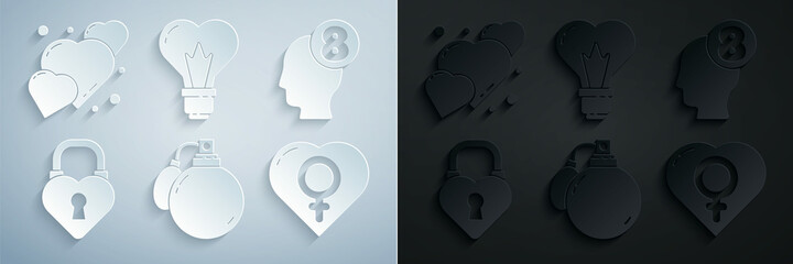 Set Perfume, 8 March in human head, Castle the shape of heart, Female gender, Heart light bulb and icon. Vector