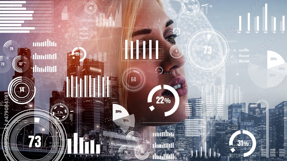 Poster conceptual business dashboard for financial data analysis . 3d render computer graphic .