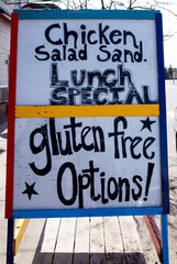 Restaurant Menu on an outside a-frame sign featuring gluten free options.  Washburn Wisconsin WI USA