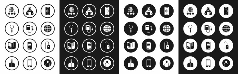 Set Online play video, Electronic book with mouse, Magnifying glass, Computer network, Social, Student, and Open icon. Vector