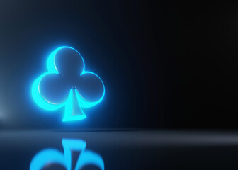 Aces playing cards symbol clubs with futuristic blue glowing neon lights isolated on the black background. 3d render illustration
