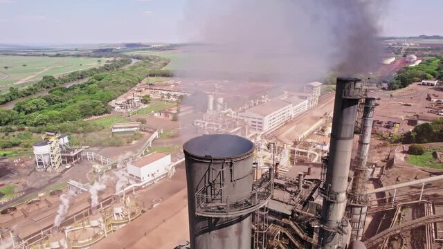 Aerial view of a sugarcane mill producing ethanol and renewable energy, Brazil