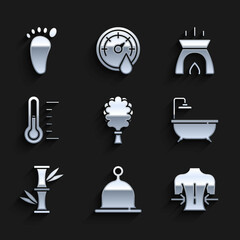 Set Sauna broom, hat, Massage, Bathtub, Bamboo, thermometer, Aroma candle and Foot massage icon. Vector