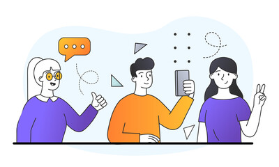 Team with young men. Man and girls photographed for social networks. Selfie, party, friends. Characters have good rest together, youth. Modern technology, gadget. Cartoon flat vector illustration