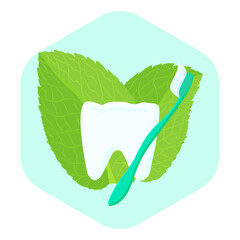 Healthy white tooth with mint leaves toothbrush and toothpaste. Vector illustration of world dentist day.