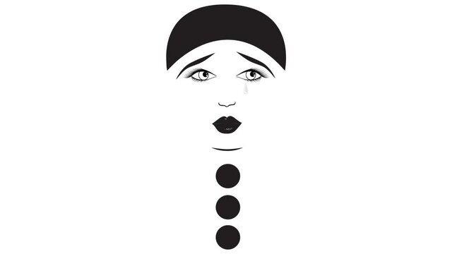 Animation with tears falling on the face of a pierrot