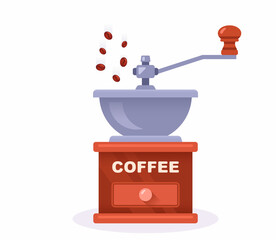 a coffee grinder grinds the beans for your morning drink. flat vector illustration. - obrazy, fototapety, plakaty