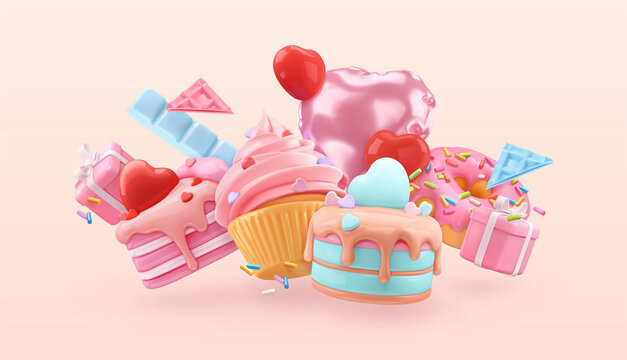Happy Valentines day decoration. Cake, cupcake, gift box, balloon, heart. 3d render vector objects