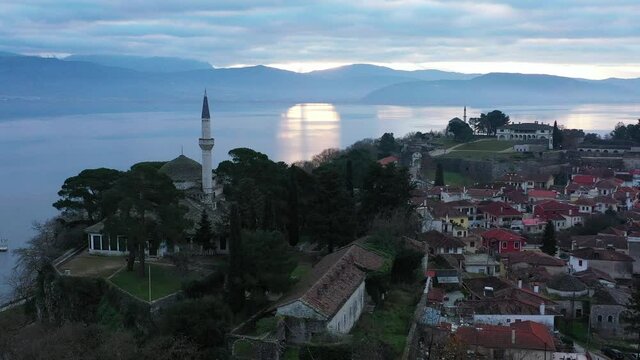 Aerial view of Ioannina city in Greece, Aslan Pasha Tzami, the lake with the island of Kyra Frosini or nissaki.