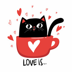Funny black kawaii cat sitting in a red cup on white background with heart. Valentines day. Perfect for web banner, site, valentine day banner, greeting card, poster, t shirt print and other