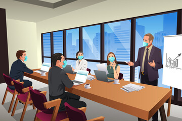 Fototapeta na wymiar Business People Meeting in an Office Wearing Mask Vector Illustration