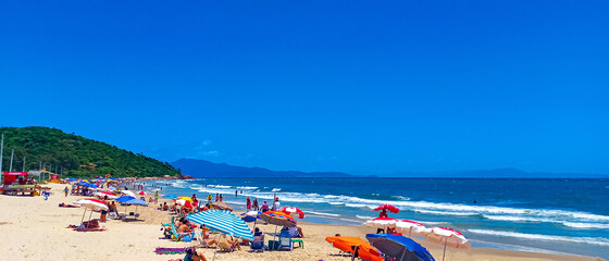 beach chairs and umbrellas and sun and crowded beach at Lagoinha do Norte beach in Florianópolis, Santa Catarina, Brazil, floranopolis © Fotos GE