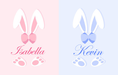 Obraz premium Easter bunny name plate design. First Easter for baby. Colorful greeting cards for girls and boys. Image of rabbit ears and paws with names and bows. Isabella and Kevin. Cartoon flat vector collection