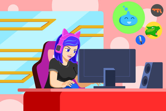 A Young Female Gamer Playing Game Vector Illustration
