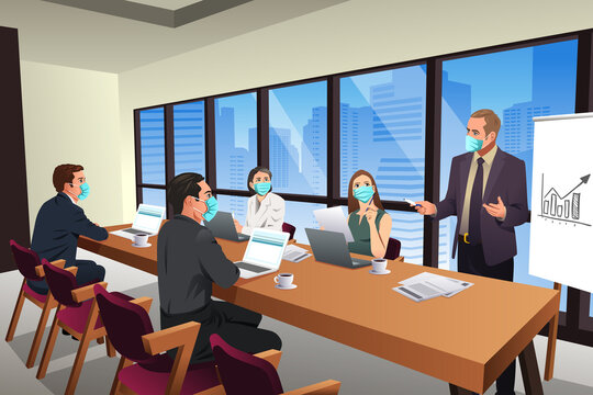 Business People Meeting in an Office Wearing Mask Vector Illustration