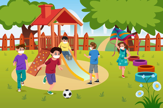Kids Playing in the Playground Wearing Masks Vector Illustration