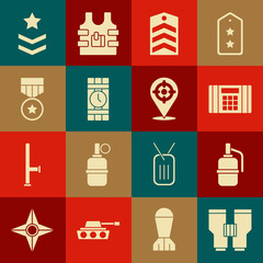 Set Binoculars, Hand grenade, Dynamite bomb, Chevron, timer clock, Military reward medal, rank and Target sport icon. Vector