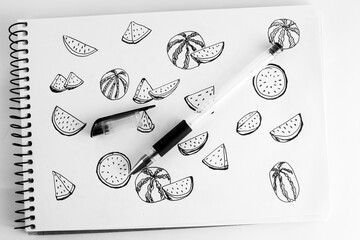 Lots of pen  graphic drawing of watermalon , black on white