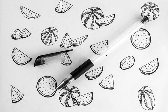 Lots of pen  graphic drawing of watermalon , black on white