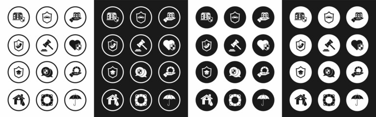 Set House in hand, Judge gavel, Life insurance with shield, Car, Lifebuoy and Graduation cap icon. Vector