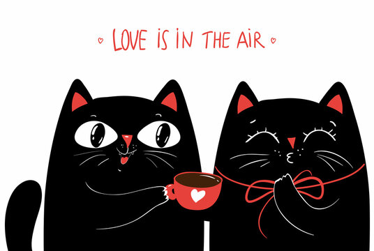 Romantic greeting card with kawaii black cats and red cup with heart. Cute apparel print design